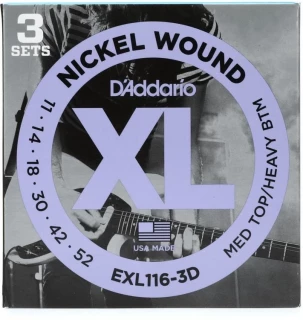 EXL116 XL Nickel Wound Electric Guitar Strings - .011-.052 Medium Top/Heavy Bottom (3-pack)