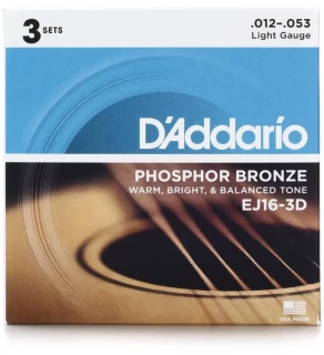 EJ16 Phosphor Bronze Acoustic Guitar Strings - .012-.053 Light (3-pack)