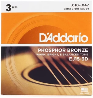 EEJ15-3D Phosphor Bronze Acoustic Guitar Strings - .010-.047 Extra Light (3-pack)