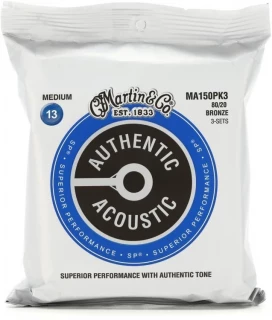 Authentic Superior Performance Acoustic Guitar Strings - 80/20 Bronze Medium (3-pack)