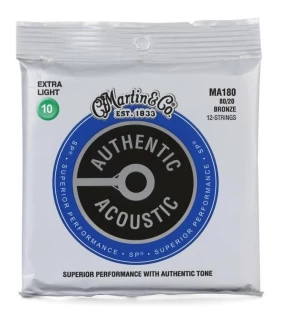MA180 Authentic Acoustic Superior Performance 80/20 Bronze Guitar Strings - .010-.047 Extra Light 12-string