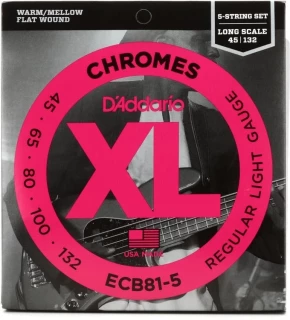 ECB81-5 Chromes Flatwound Bass Guitar Strings - .045-.132 Regular Light Long Scale 5-string